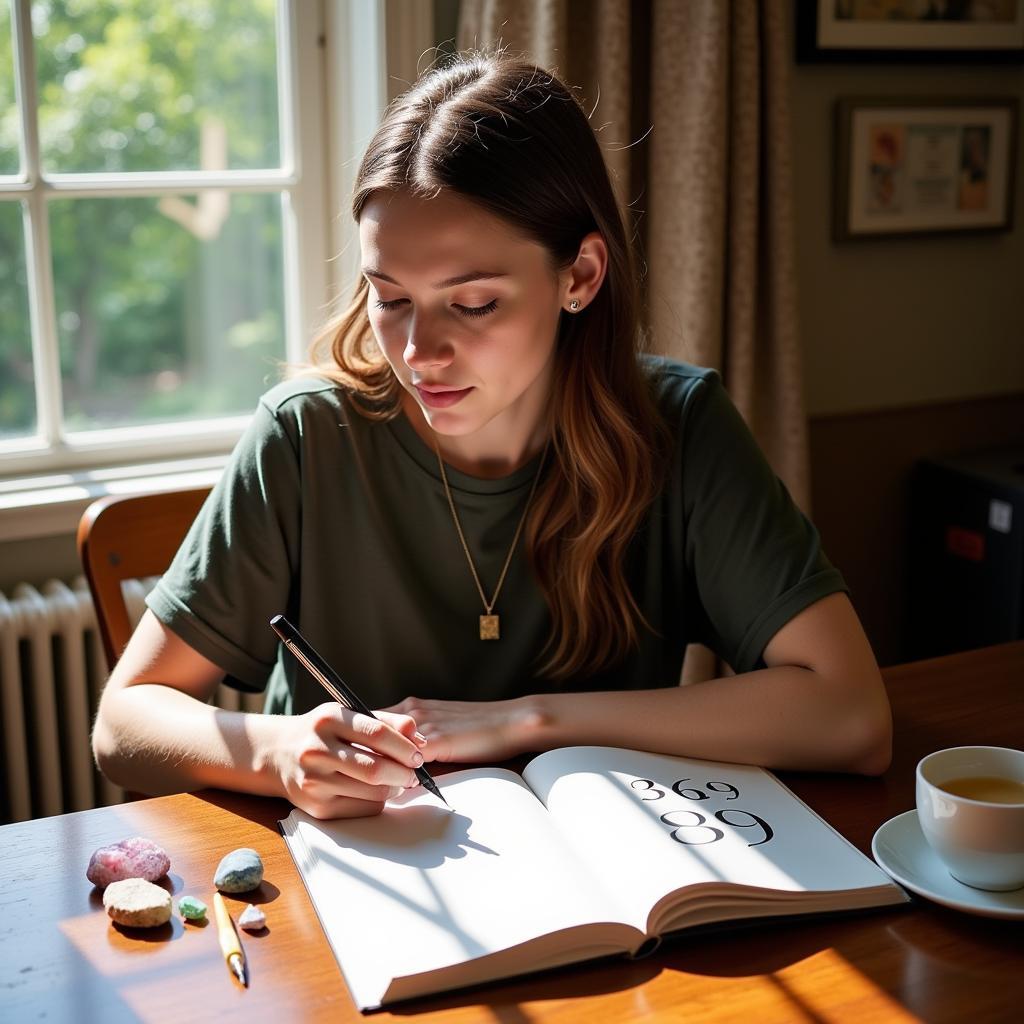 Woman writing in a journal with "369" on the cover