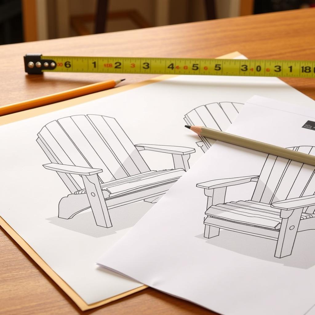 Adirondack chair plans spread across a workbench