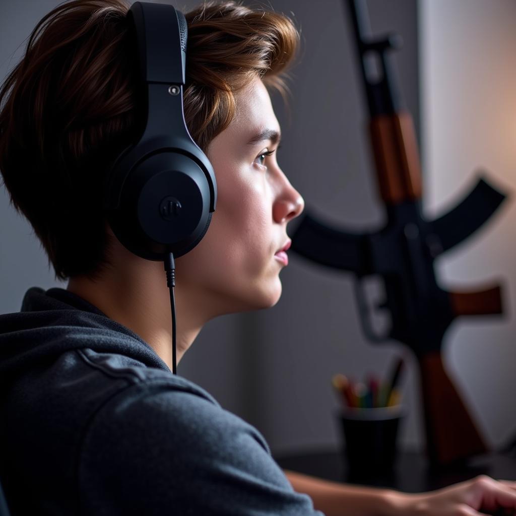 Gamer wearing headphones with an AK47 in the background