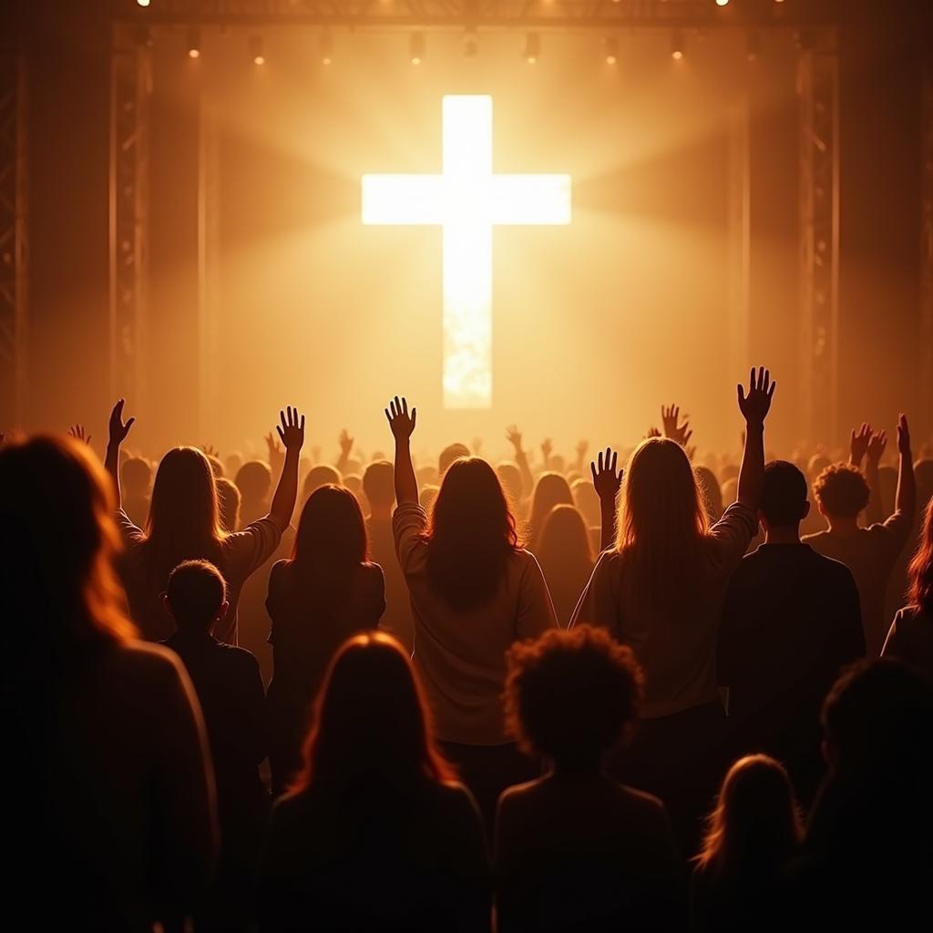  A diverse choir joyously singing "All Hail the Power of Jesus' Name" in a church setting