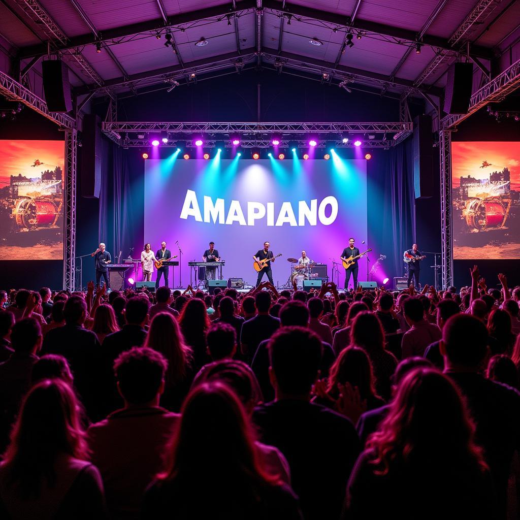 A large crowd of people gathered at an outdoor music festival, enjoying a live performance by Amapiano artists, illustrating the genre's global reach and impact.