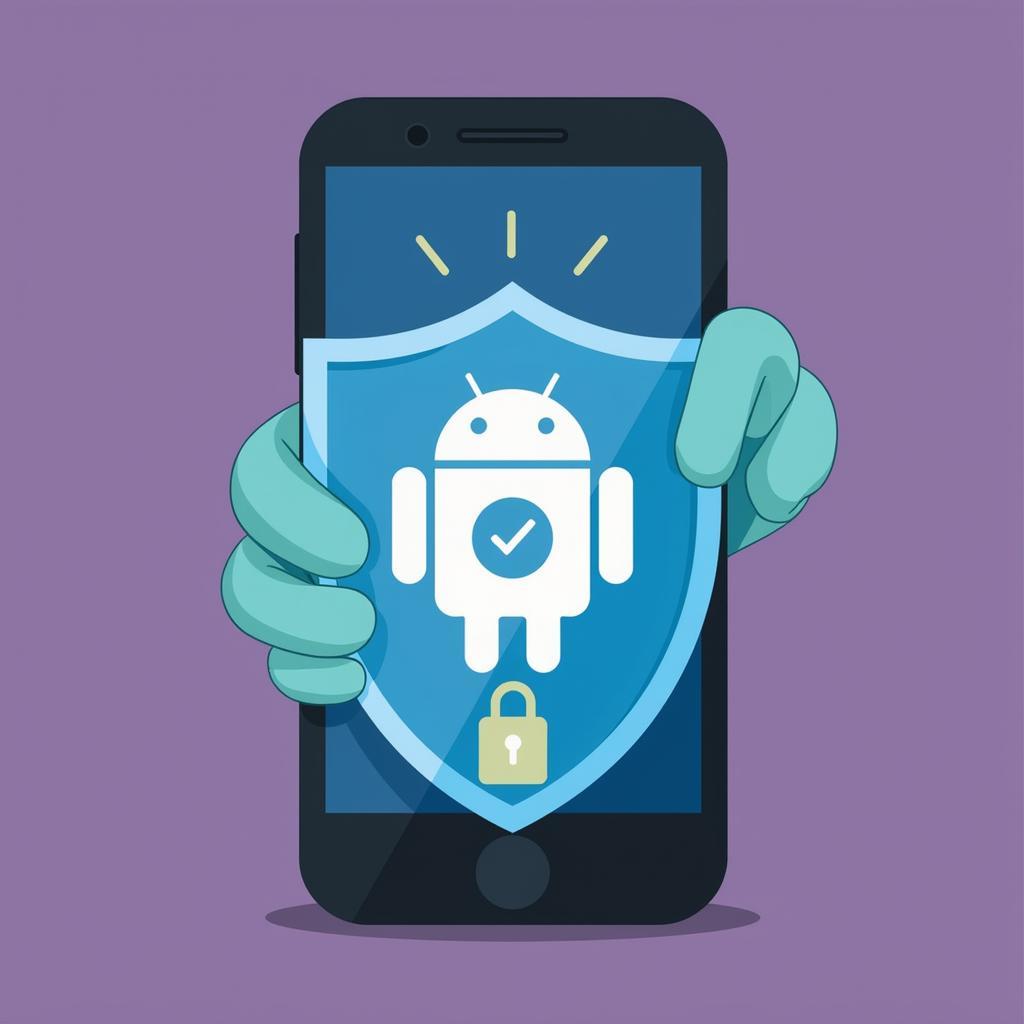 Android phone with a shield overlay, symbolizing security