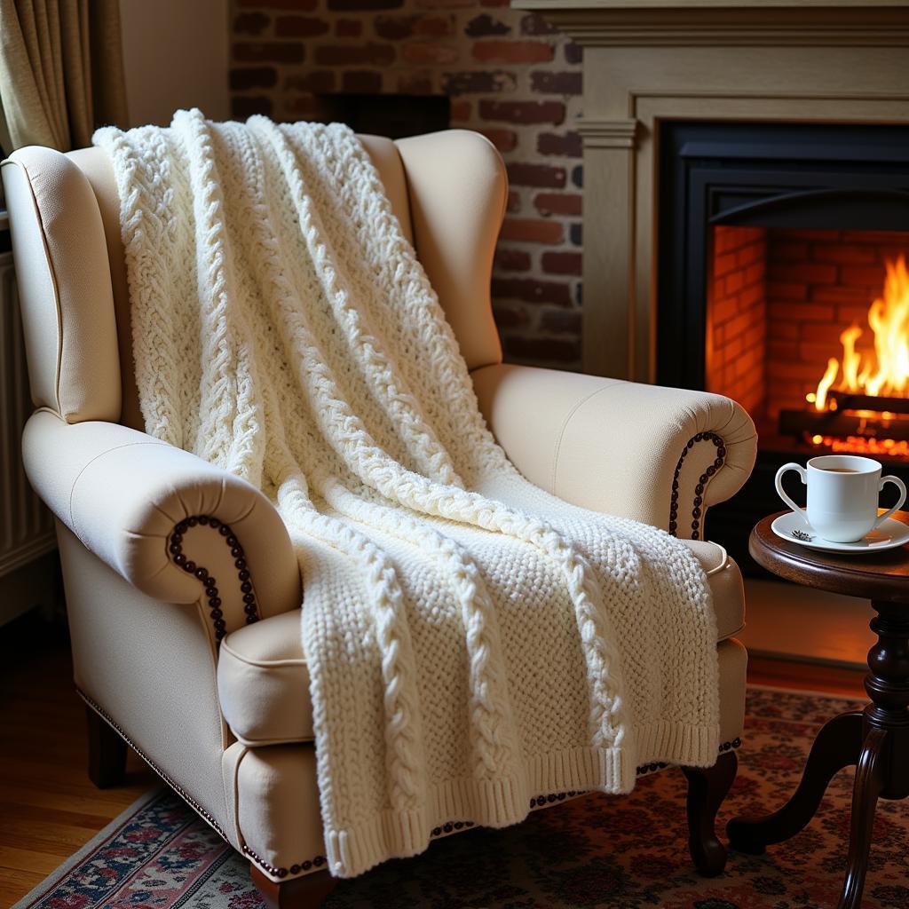 Aran Knit Blanket by Fireplace