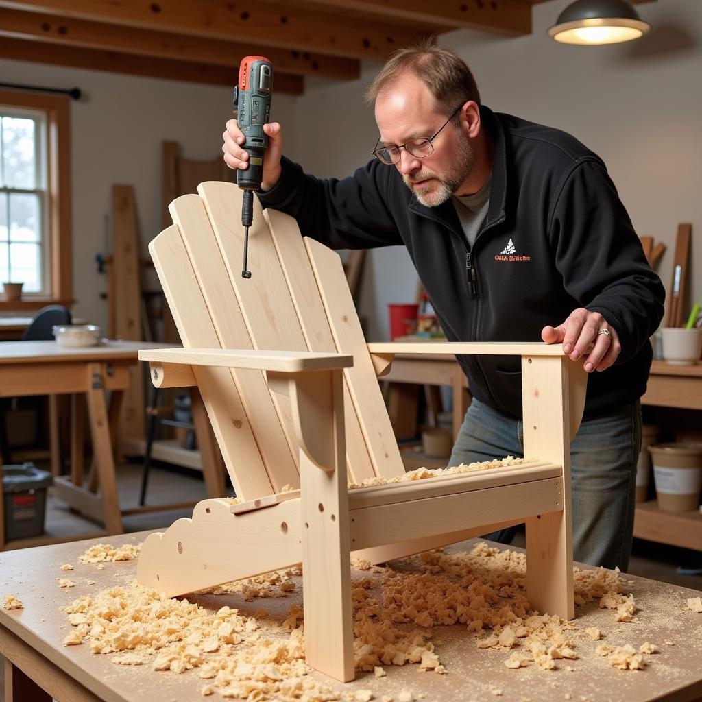 A person assembling an Adirondack chair in a workshop