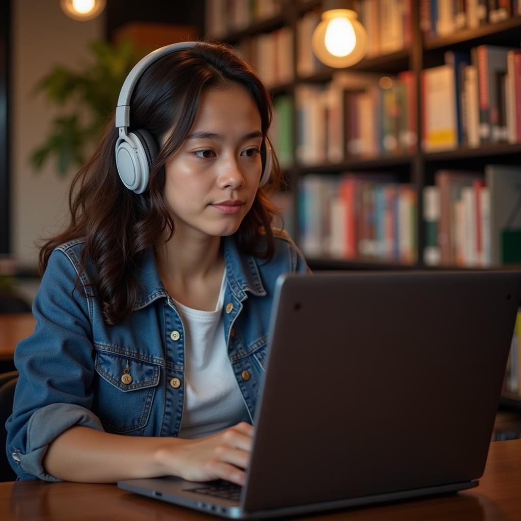 Student Studying with Laptop and 40 Hz Binaural Beats