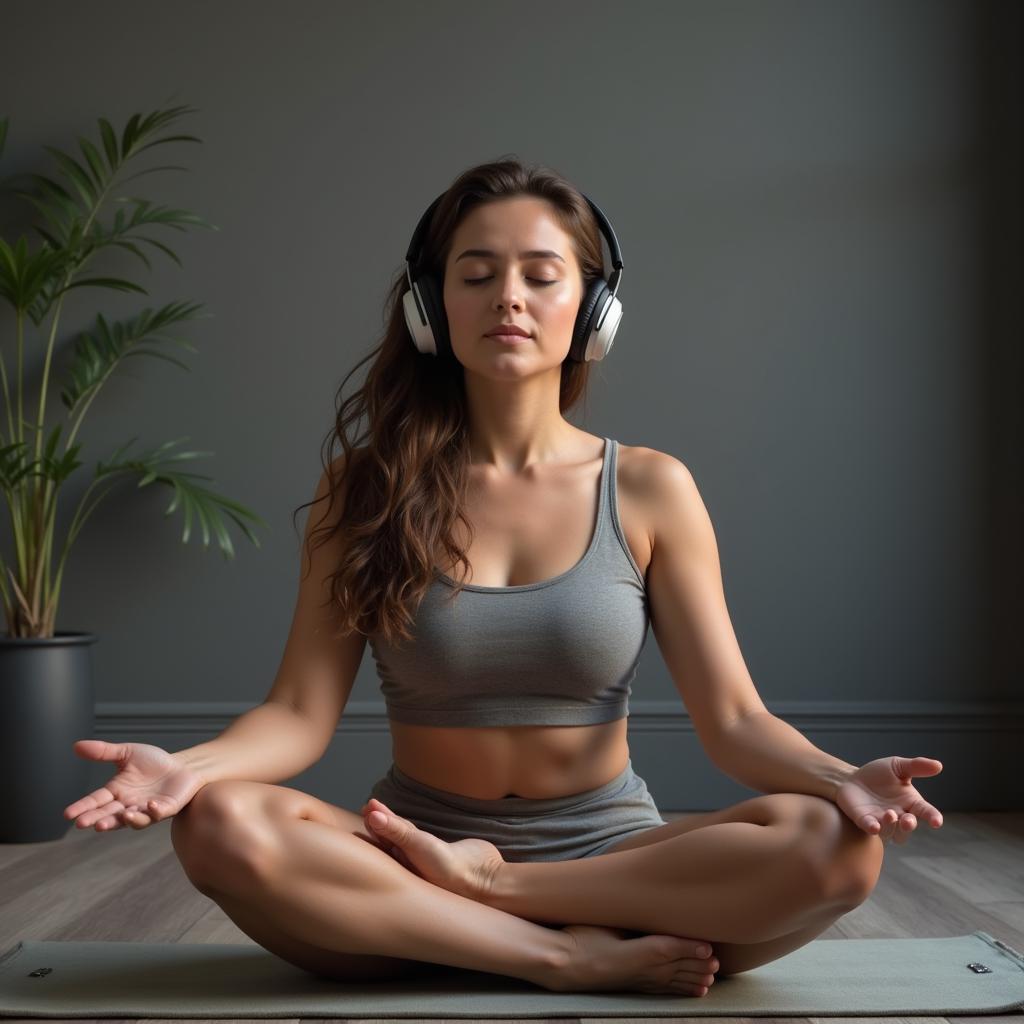 Woman Meditating with Headphones and 40 Hz Binaural Beats