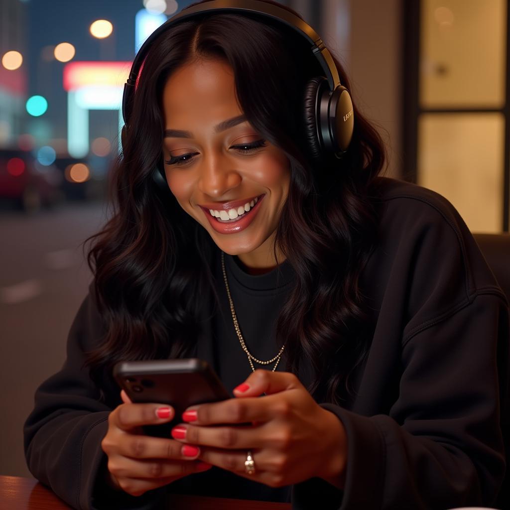 Cardi B listening to music on her phone