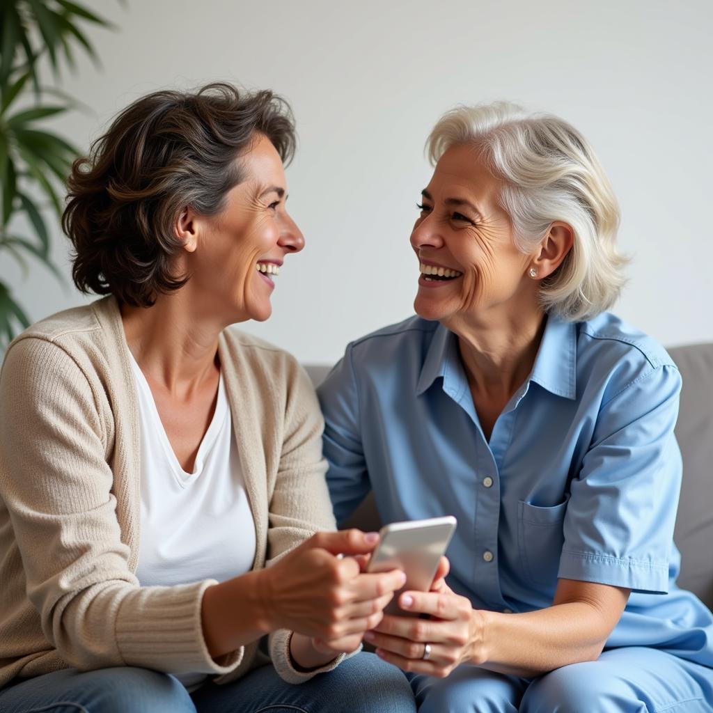 Caregiver and senior smiling together