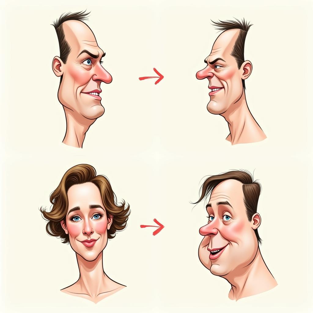 Different techniques for exaggerating facial features in caricature drawings.