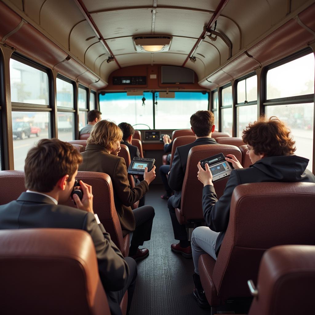 Cassette Tapes and CD Players on a 90s Bus: A nostalgic scene of a bus interior with passengers listening to music on portable cassette players and CD players.