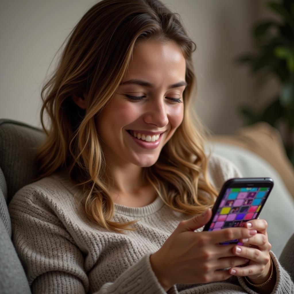 Woman relaxing on a couch, playing a casual game on her phone