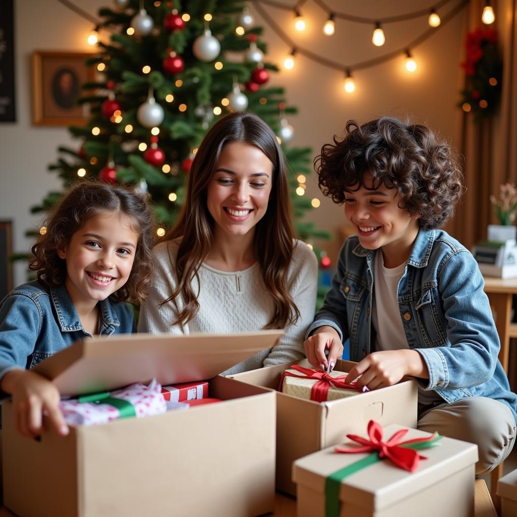 Family donating to charity during Christmas