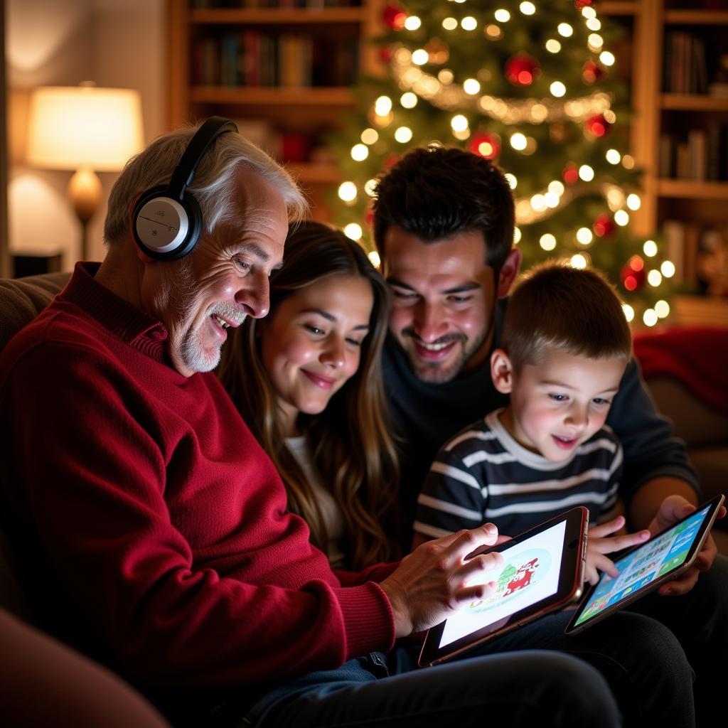 Family enjoying various Christmas downloads