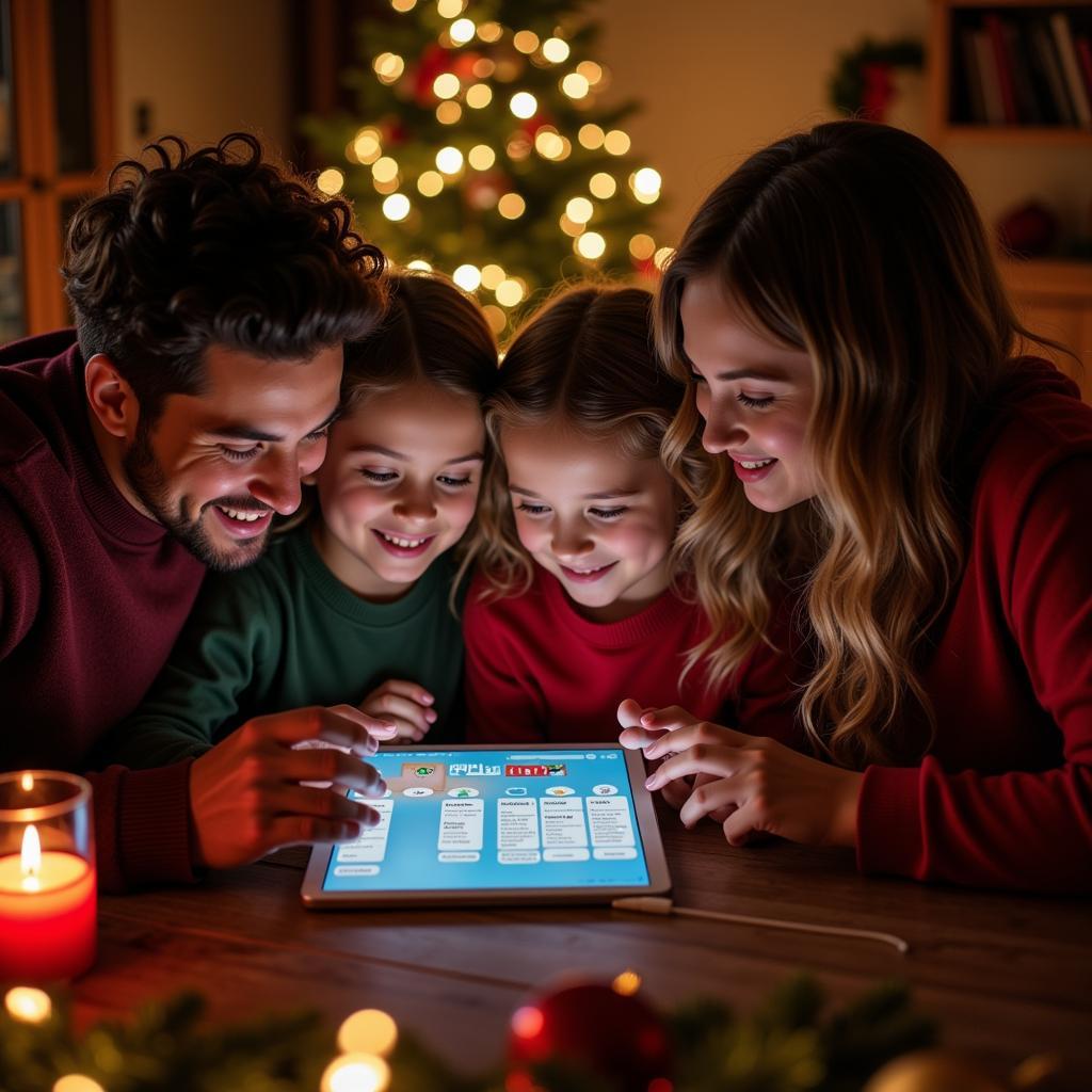 Family playing Christmas games on a tablet