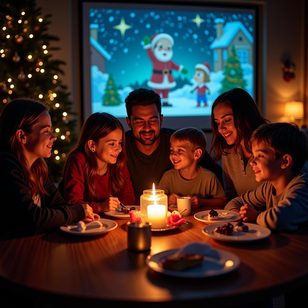 Families enjoying a Christmas gathering with festive projections on the wall.