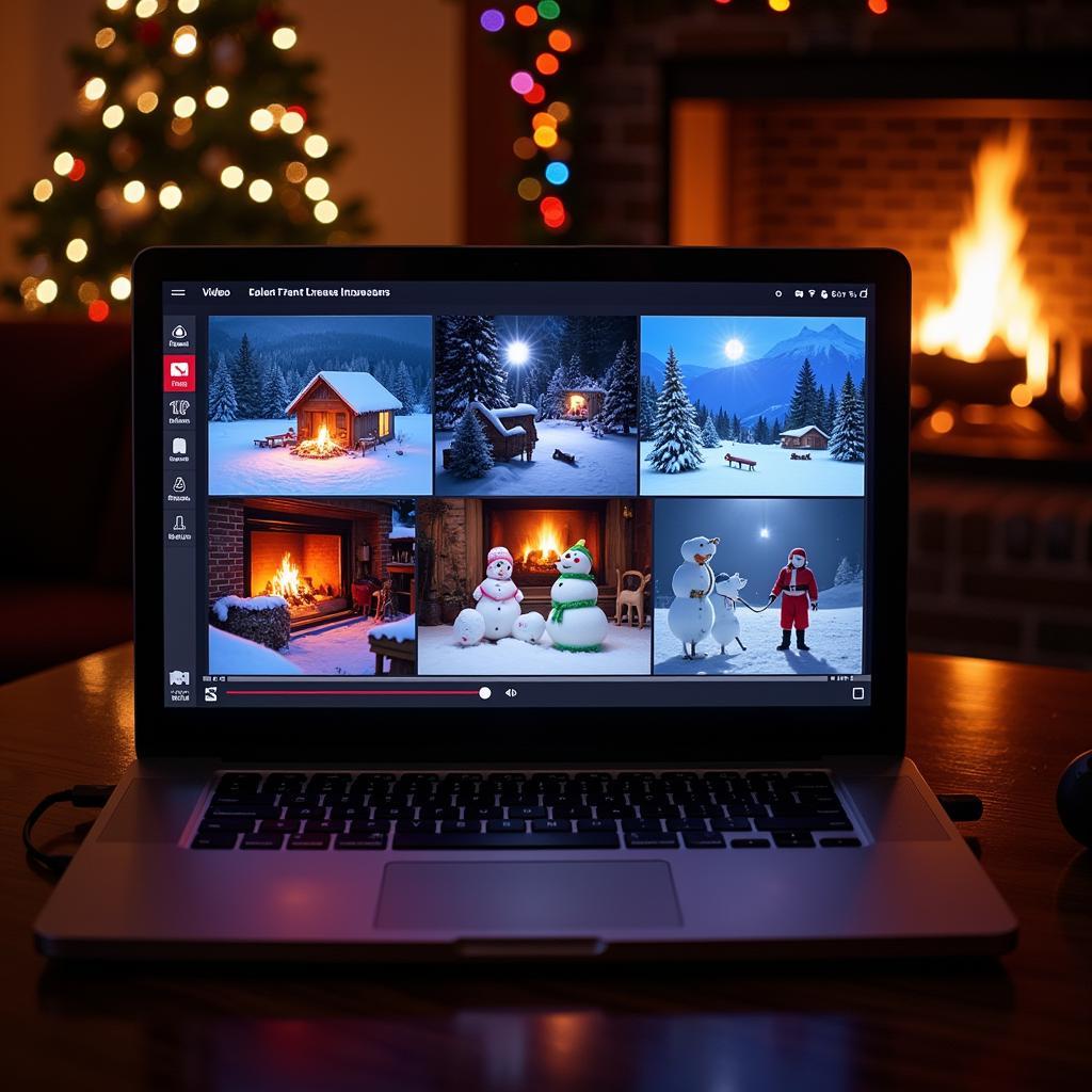 A variety of Christmas projector video themes displayed on a laptop screen.