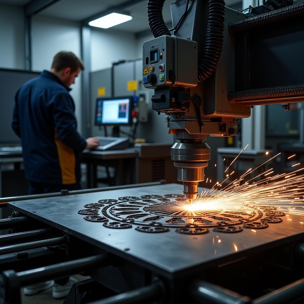 CNC machine cutting metal sheet based on downloaded CNC file