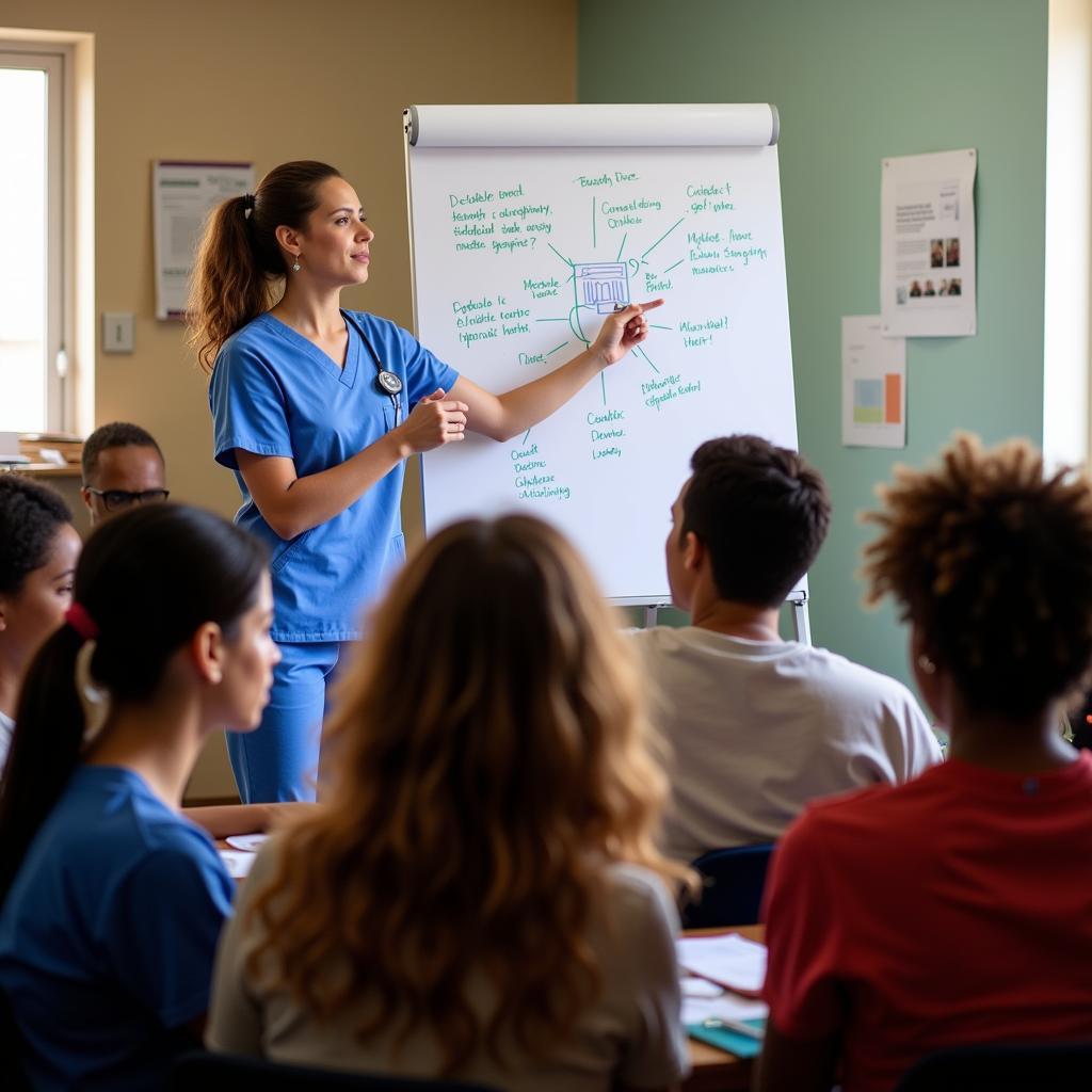 Community health nurse educating a group