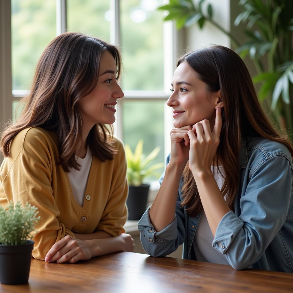 Two people engaged in a conversation, demonstrating active listening with attentive body language and engaged expressions.