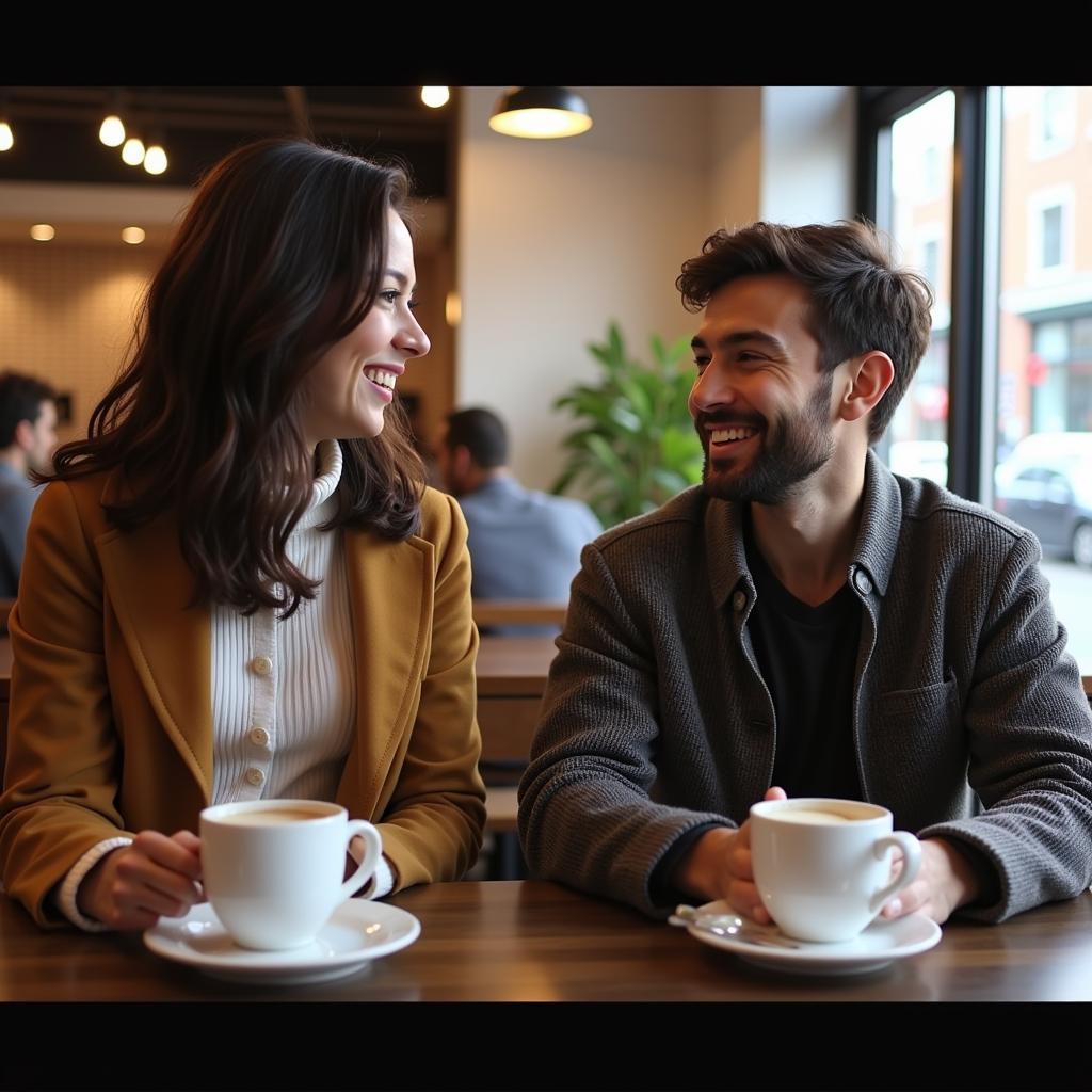 Couple laughing together at a coffee shop