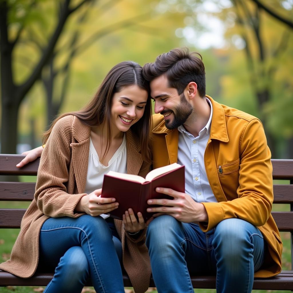 Couple Reading Romantic Books on a Bench