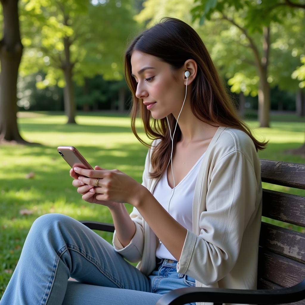 Woman listening to preaching audio on smartphone