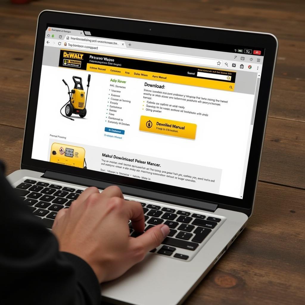 Downloading a DeWalt pressure washer manual on a laptop using the official DeWalt website.