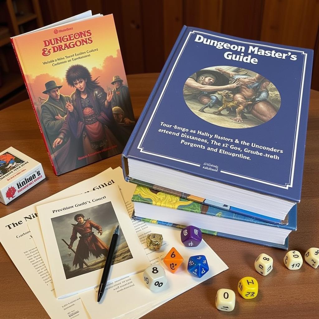 A close-up shot of colorful dice scattered across the open pages of Dungeons & Dragons rulebooks, including the Dungeon Master's Guide.