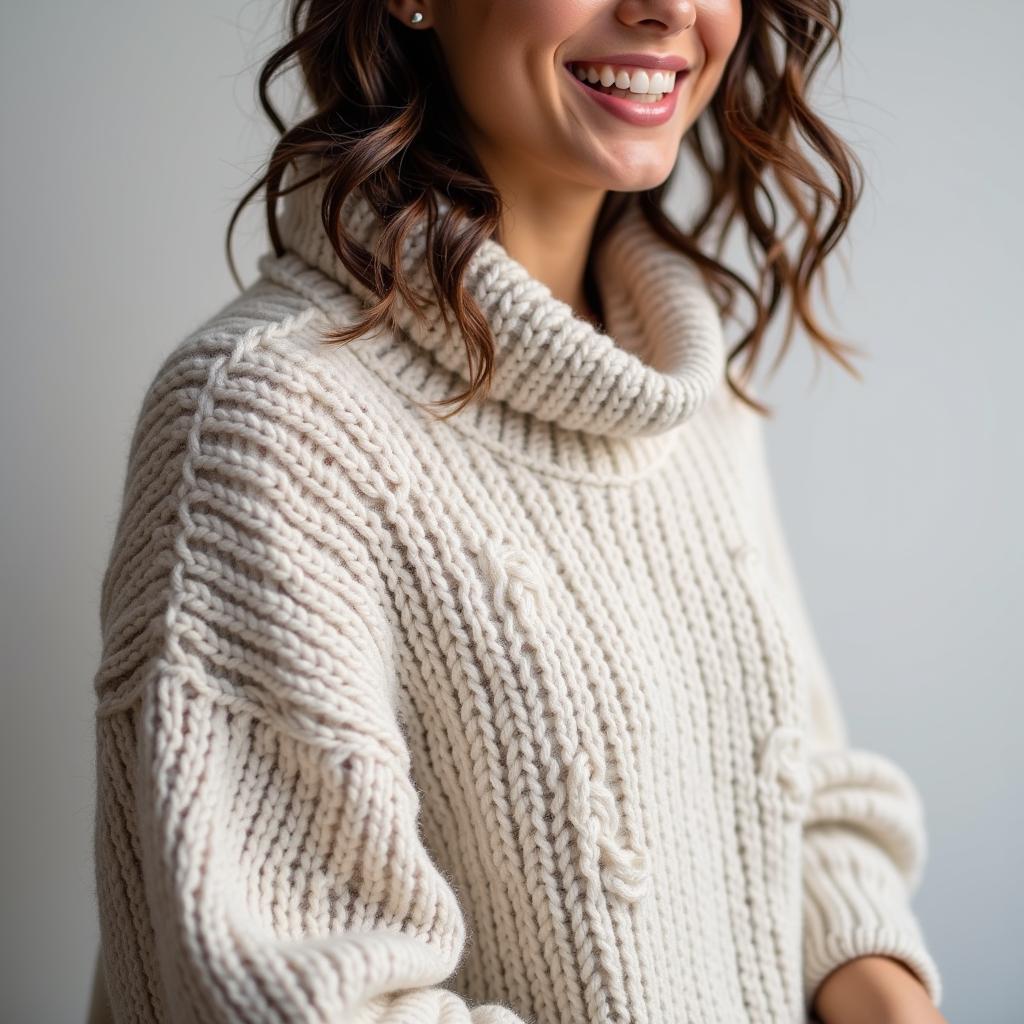 Woman wearing a stylish knitted poncho