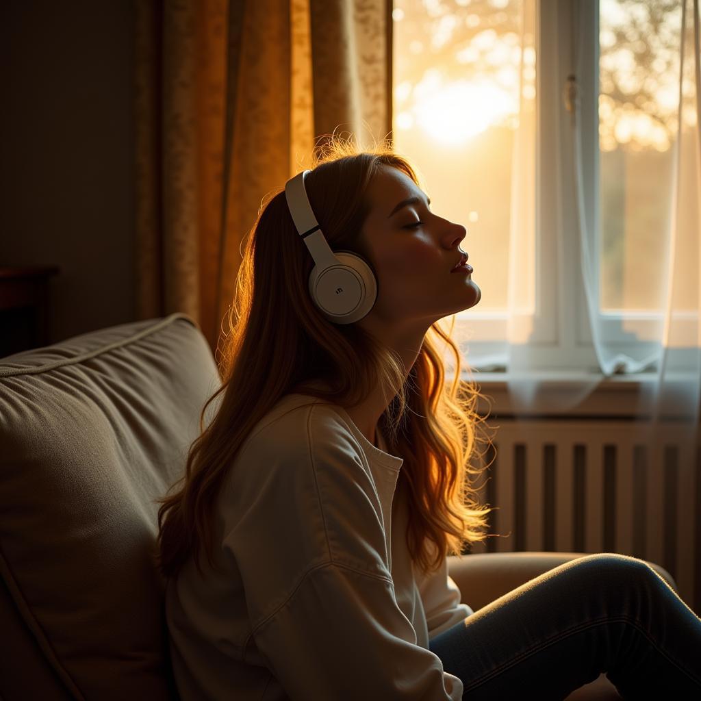 Woman listening to music on headphones