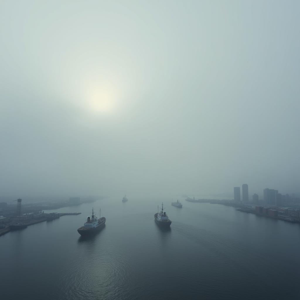 Foggy Harbor Scene with Ships