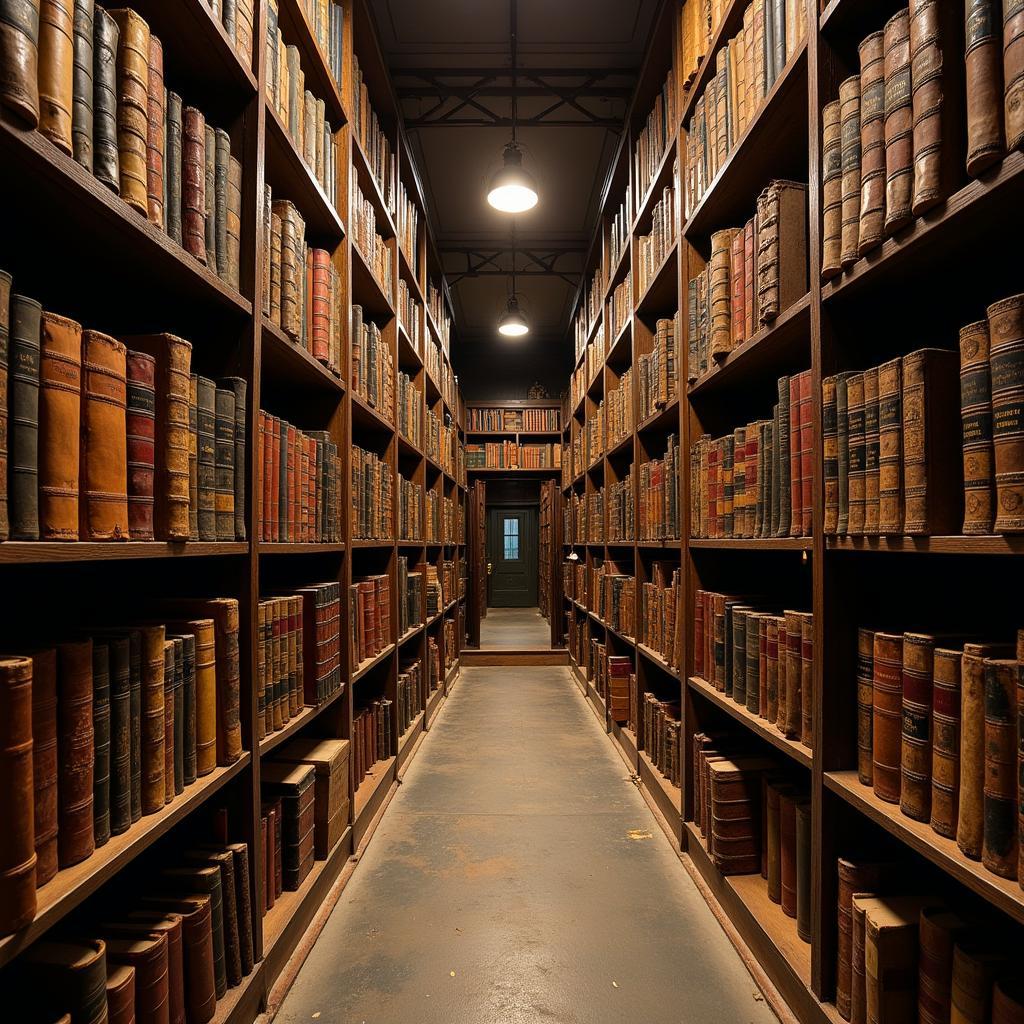 Dusty Bookshelves in an Ancient Library