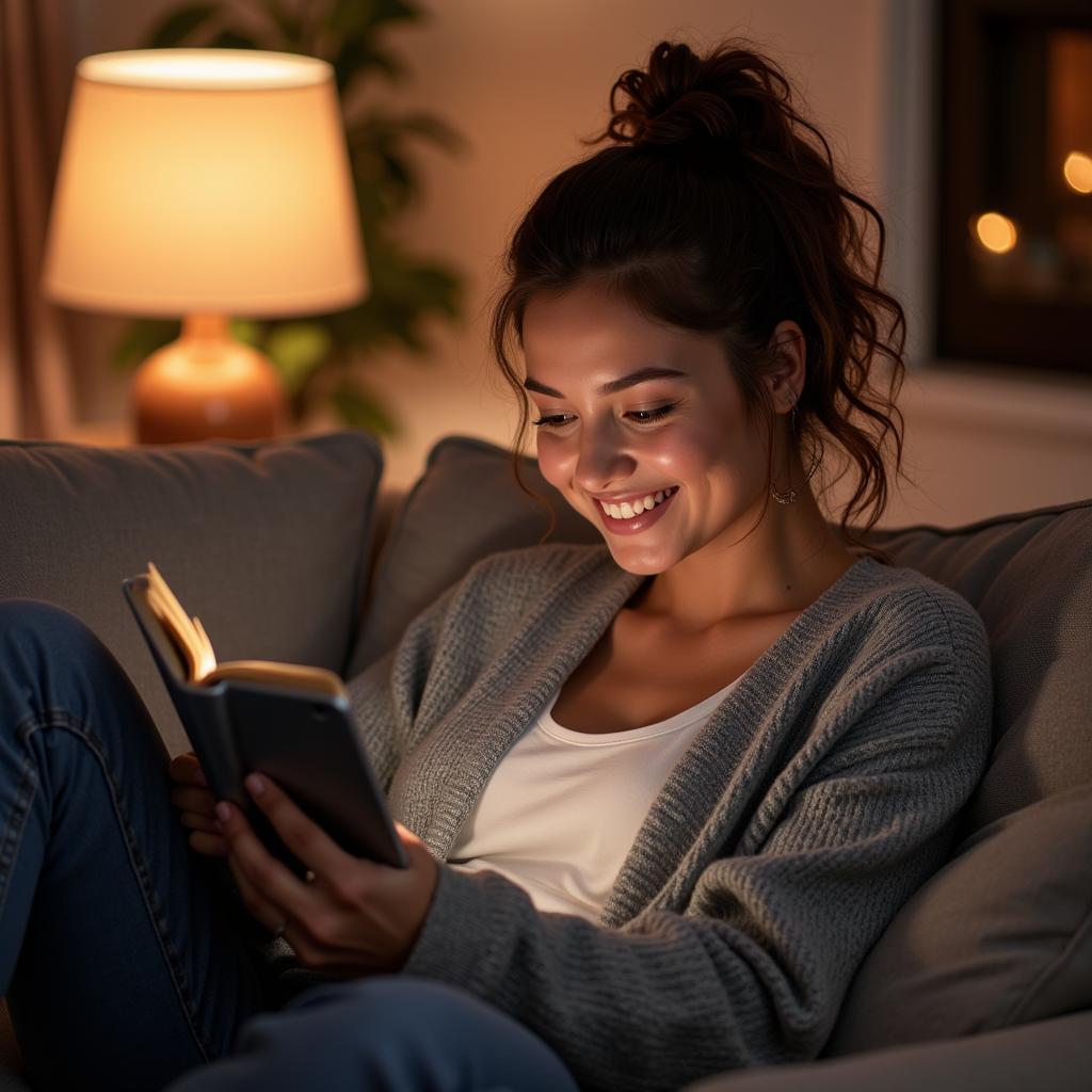 Woman reading a Harlequin romance ebook on her tablet