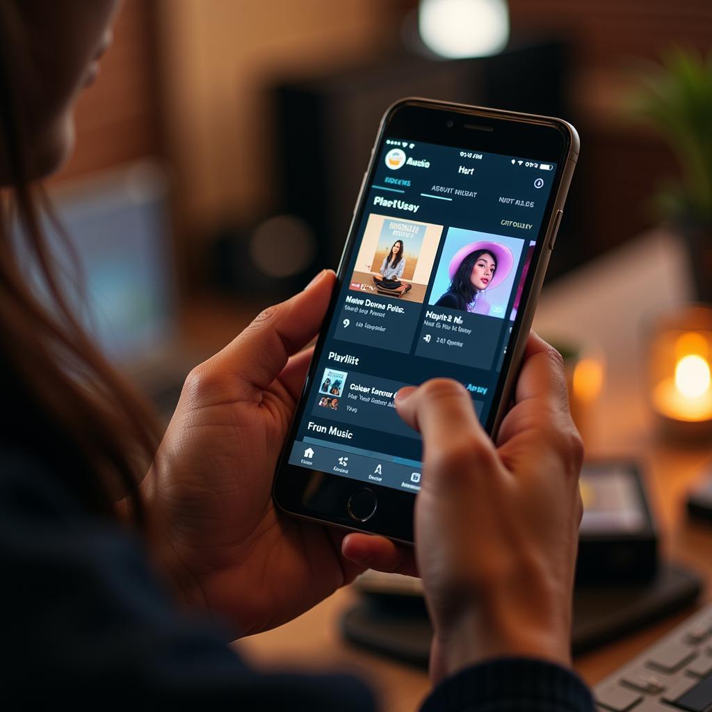 A person holding a smartphone with a music streaming app open.