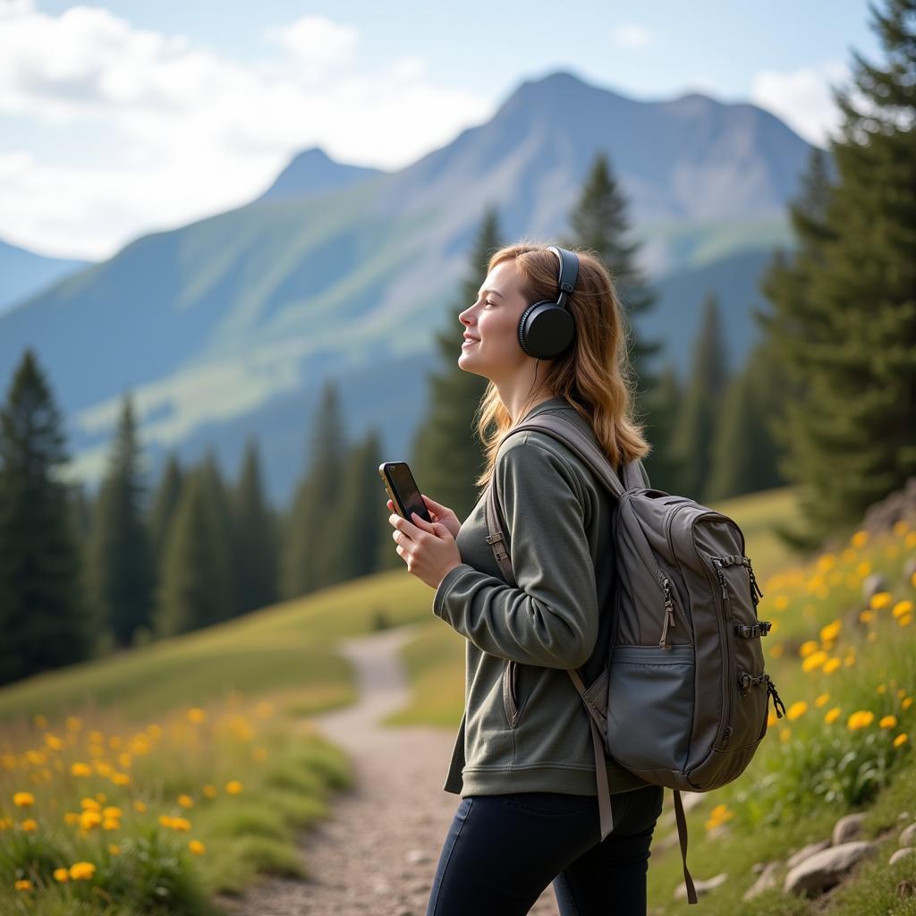 Woman listening to music on headphones while hiking