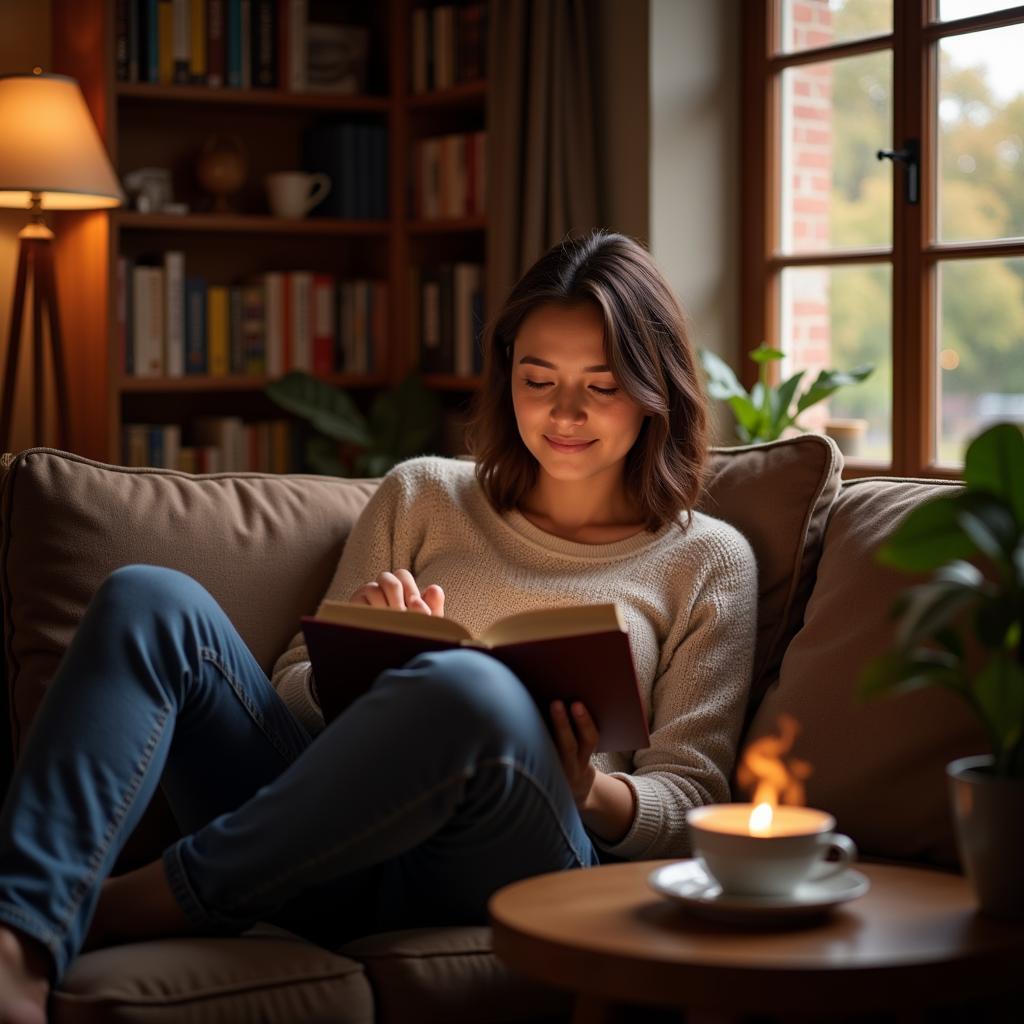 Woman reading a book on her tablet in a cozy living room