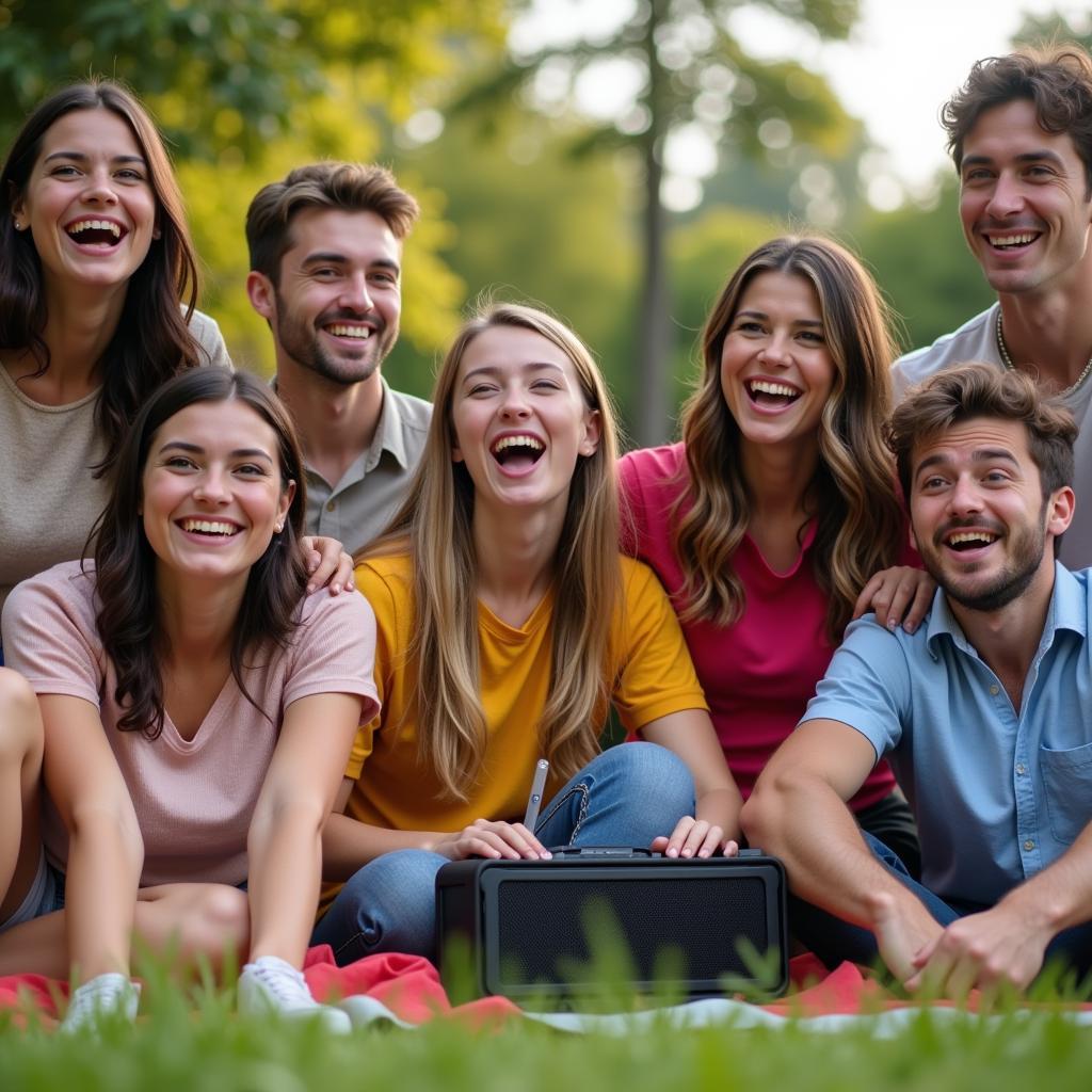 Friends listening to music together outdoors