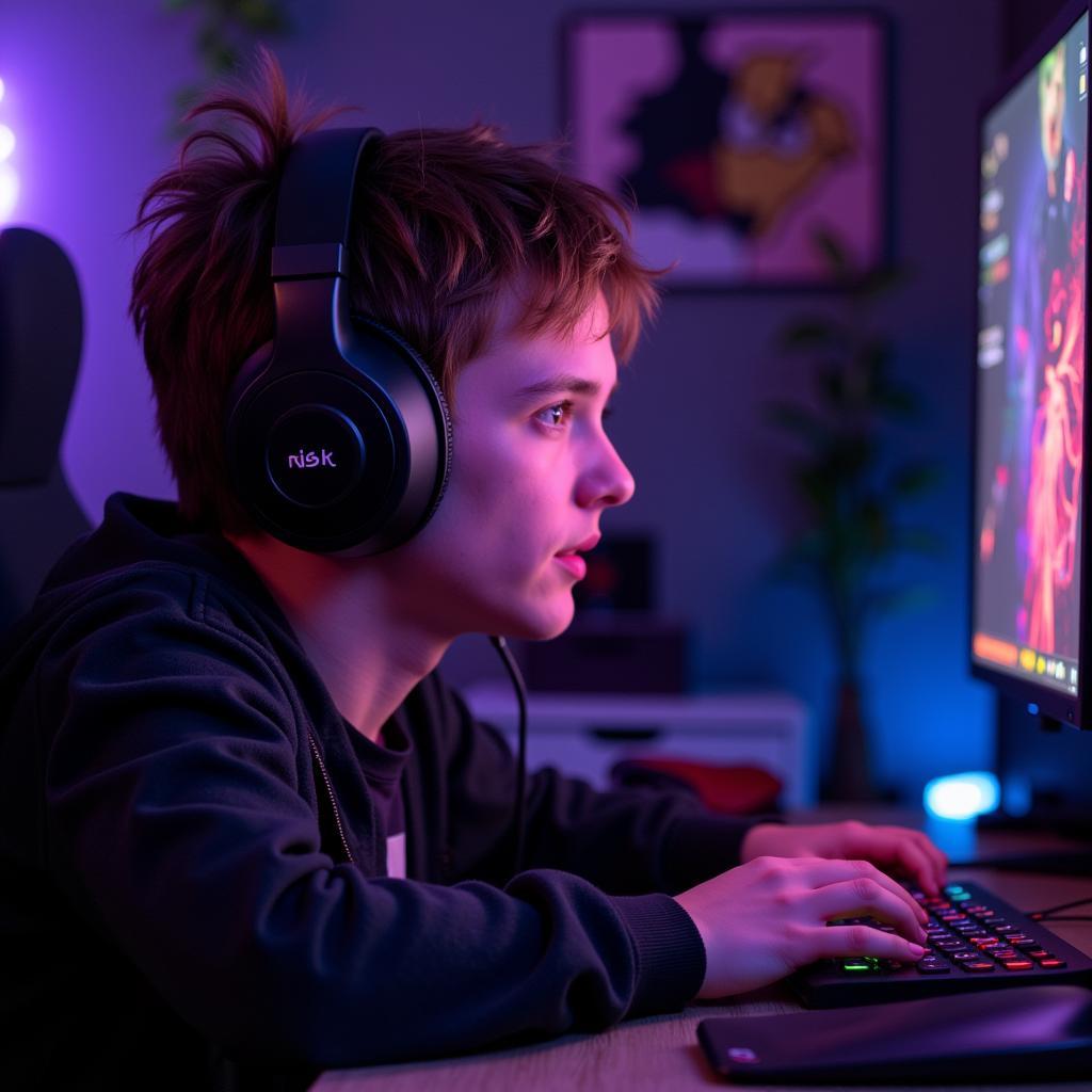 Gamer Immersed in Gameplay with Risk Playing