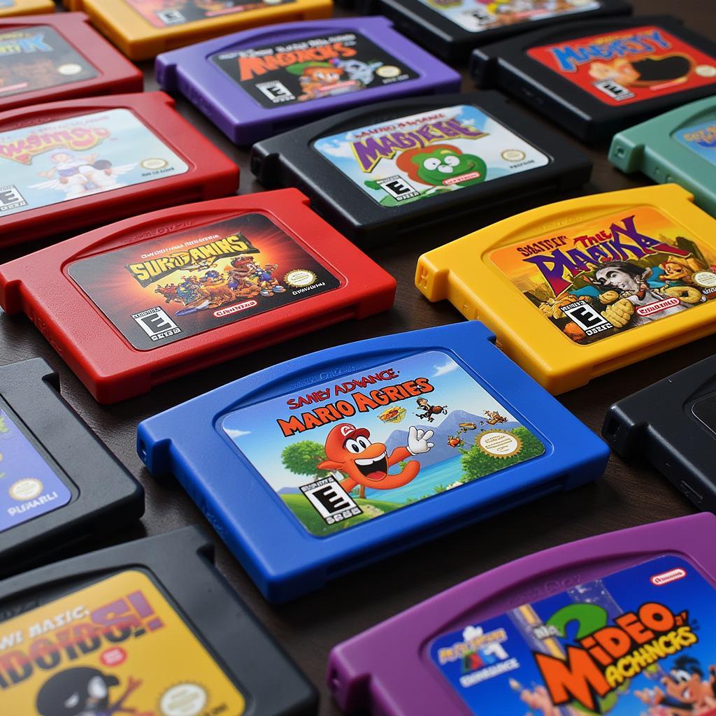 A collection of Game Boy Advance game cartridges