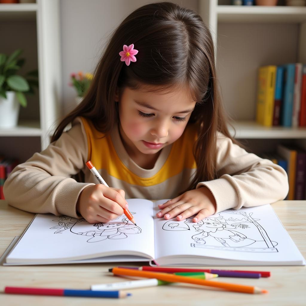 Young girl focused on coloring a 123 coloring book