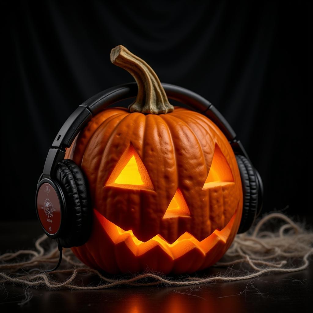 halloween pumpkin wearing headphones