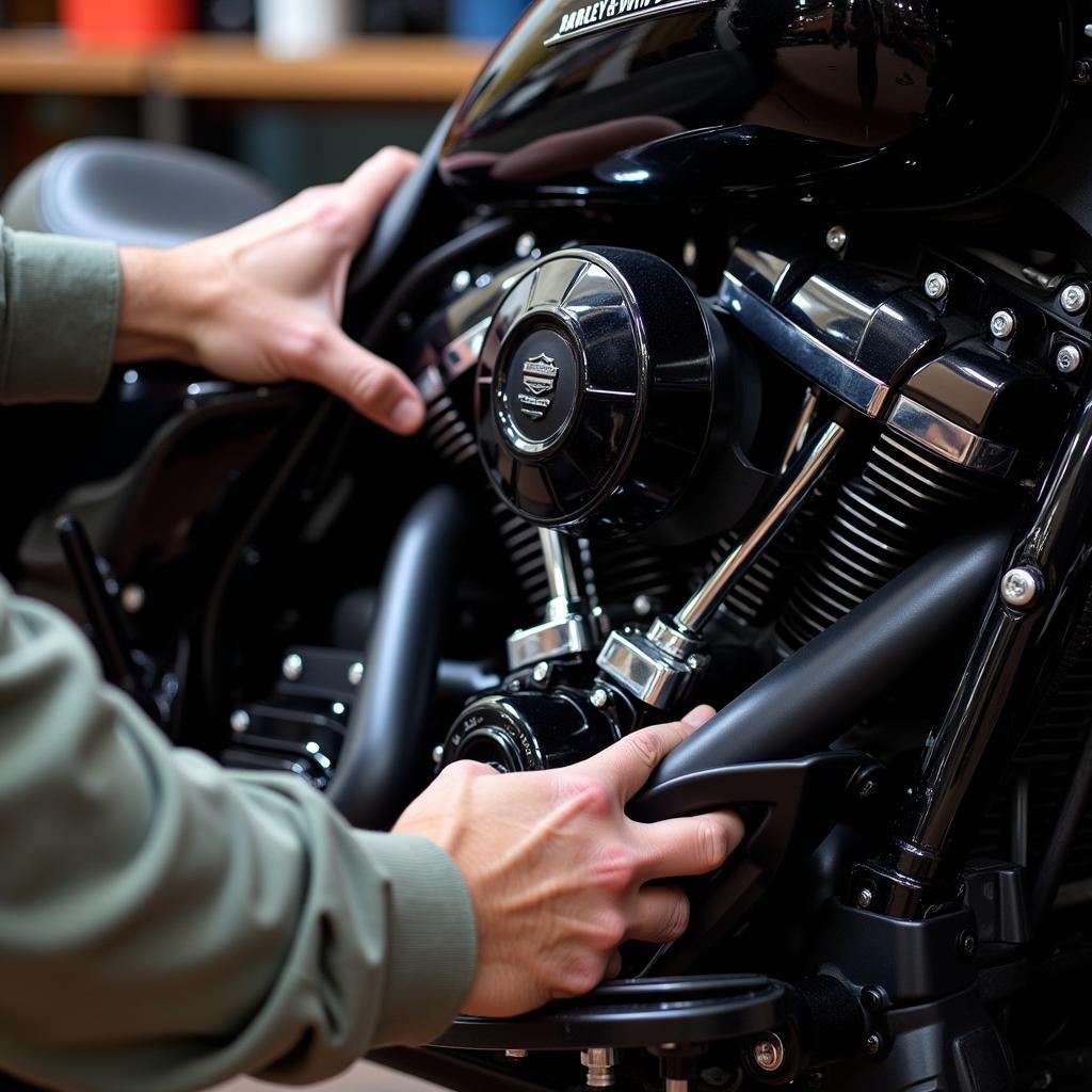 Close-up of a Mechanic Working on a 2017 Harley-Davidson Engine