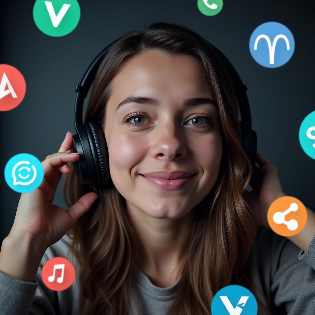 Person wearing headphones with music streaming icons