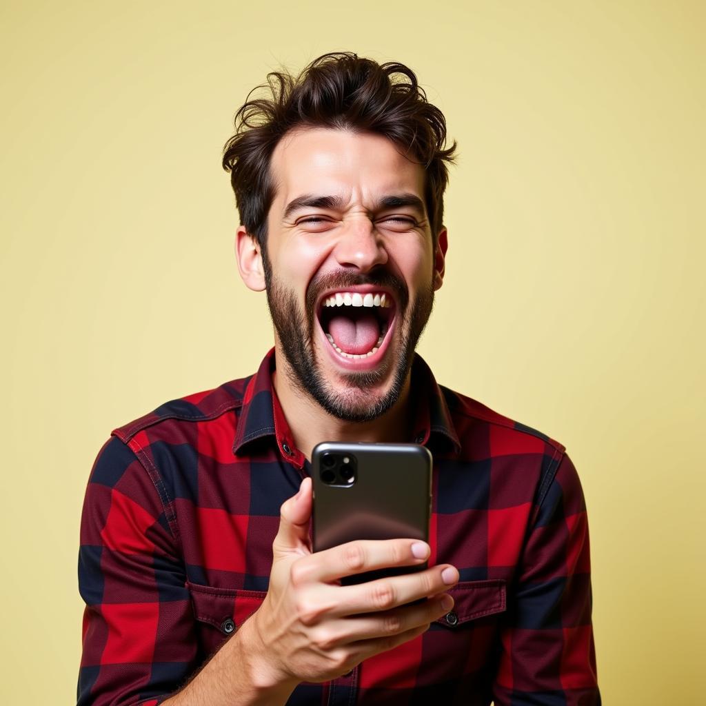 Man laughing hysterically while holding his phone, with an "I Feel Good" sound effect playing in the background.