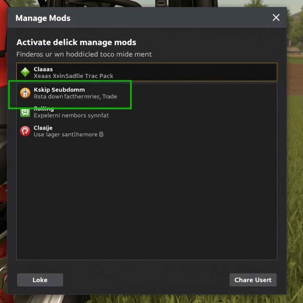 Screenshot of the Mods section within Farming Simulator 22