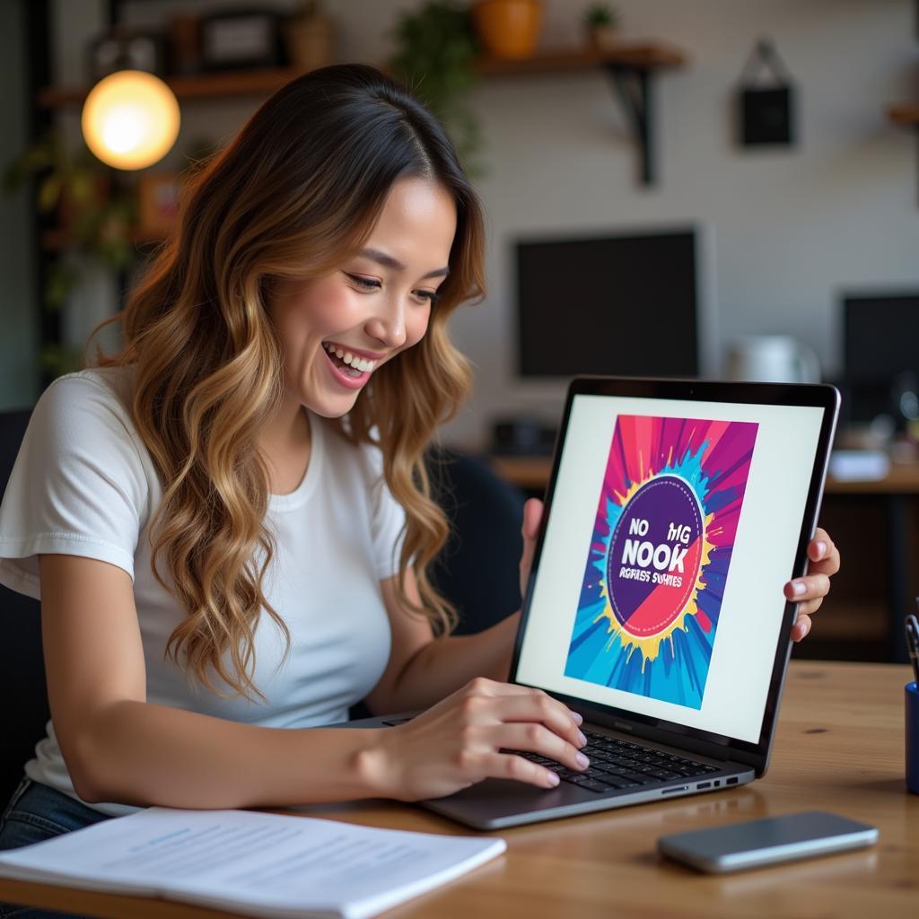 Woman Excitedly Downloading Poster