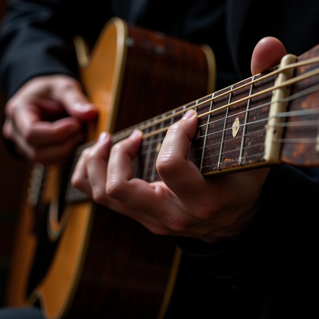 Close-up of Jack White's hands playing an acoustic guitar