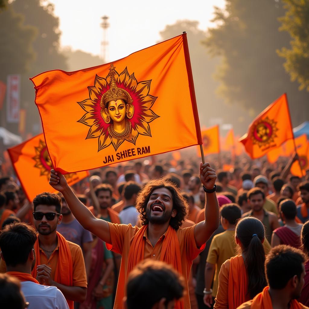 People celebrating with Jai Shree Ram flags