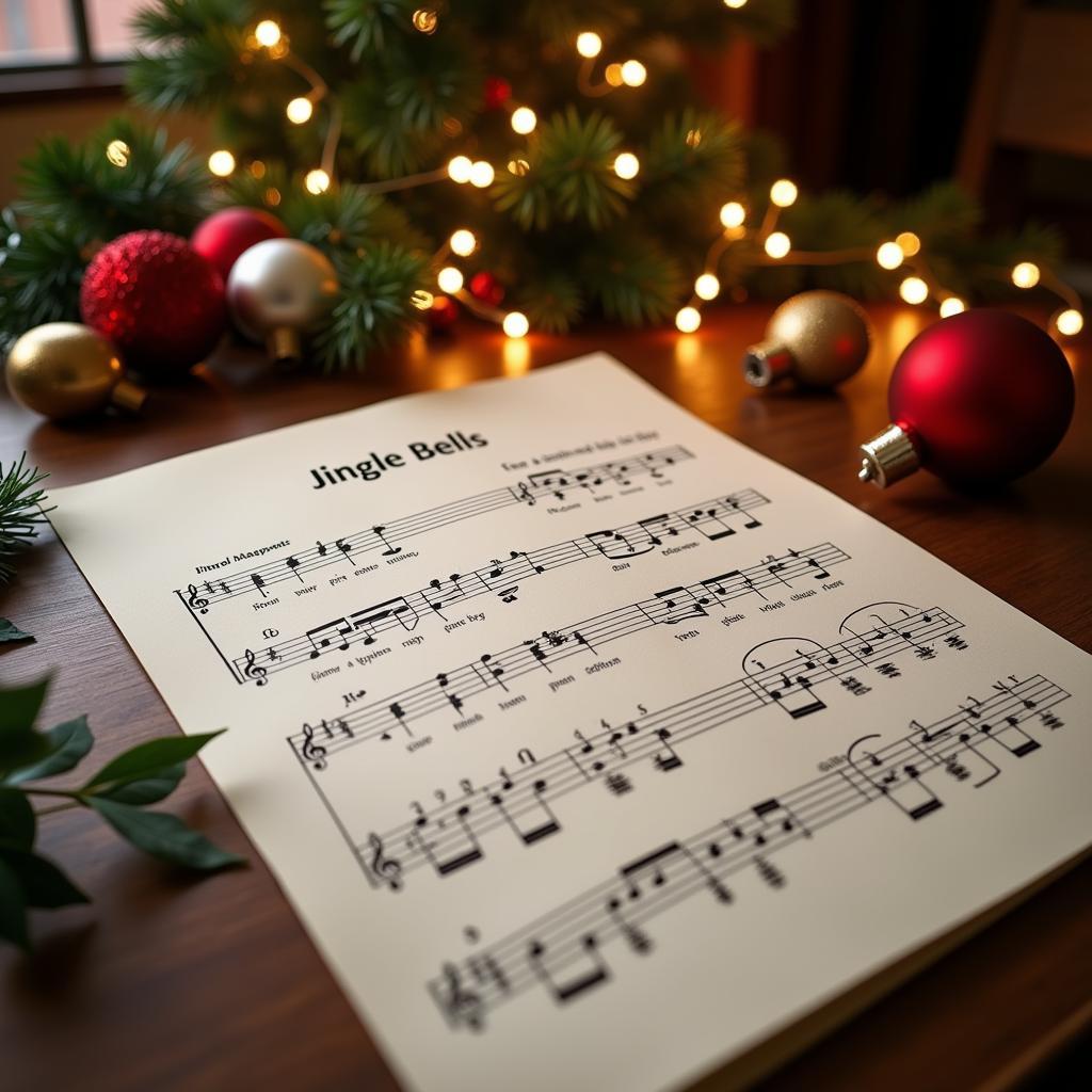 Jingle Bells sheet music with Christmas decorations