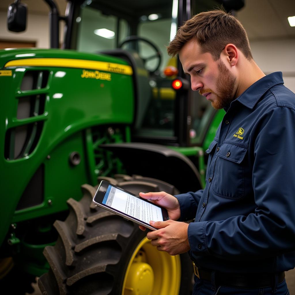 John Deere Manual on a Tablet in a Workshop